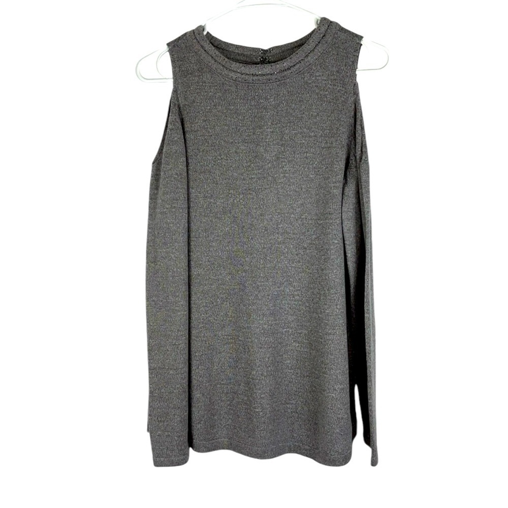 Nic & Zoe cold shoulder studded high neck knit top Sz M Gray